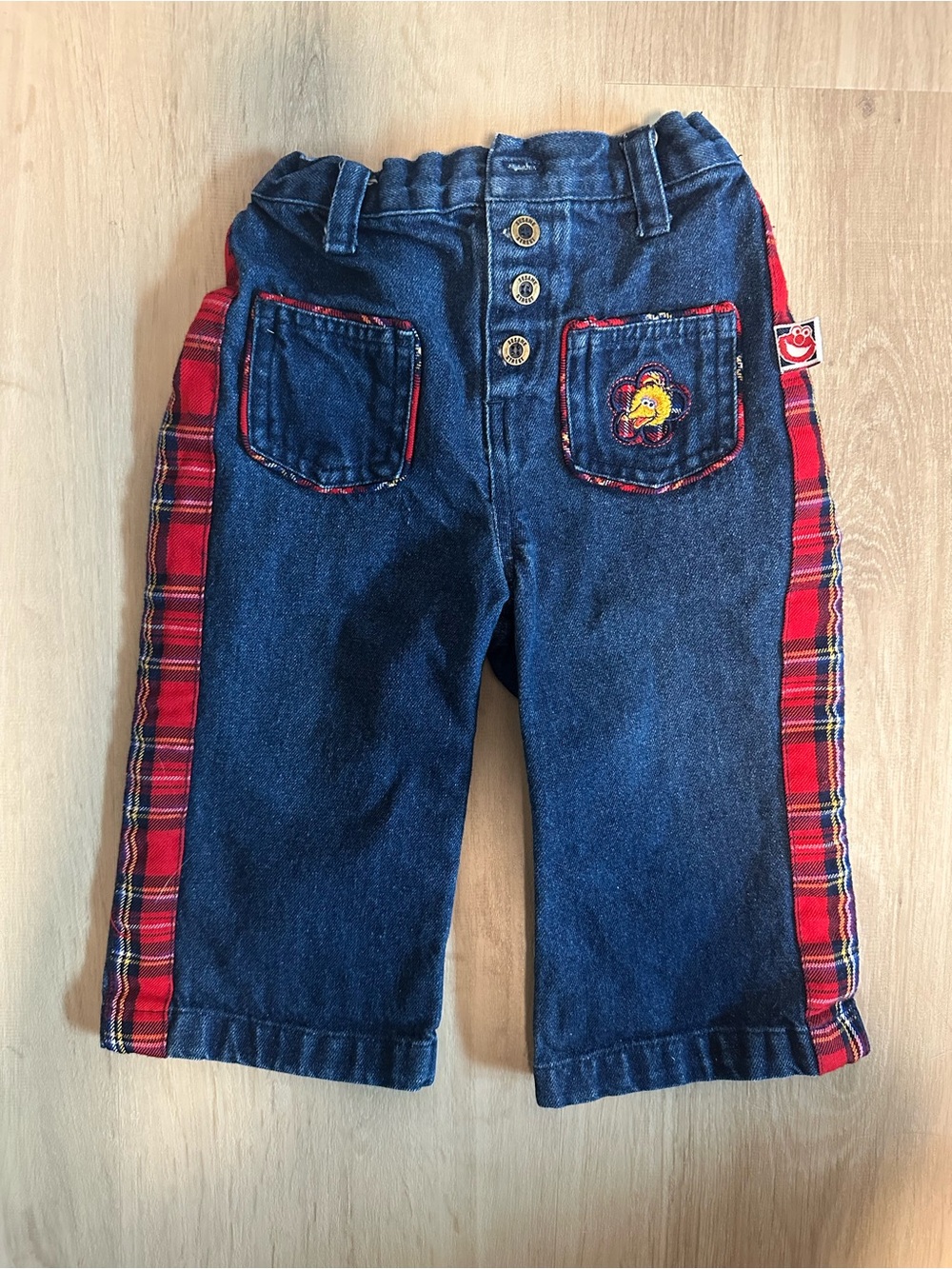 Sesame Street Denim Pants with Red Plaid Side Stripes
